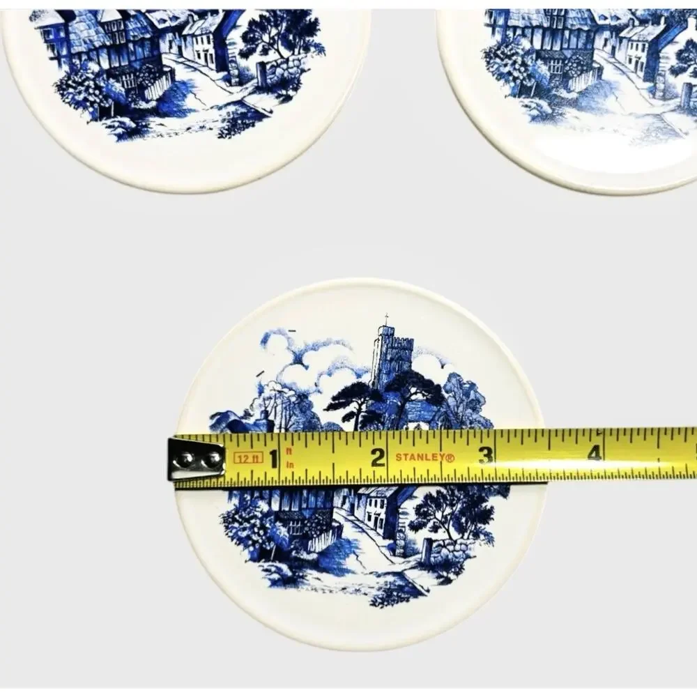 Vintage HR Johnson Tiles 3 Round Delft Blue White Village Scene England 3.5 Inch